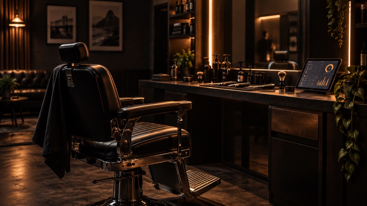 Ambiente de barbearia com gestão digital